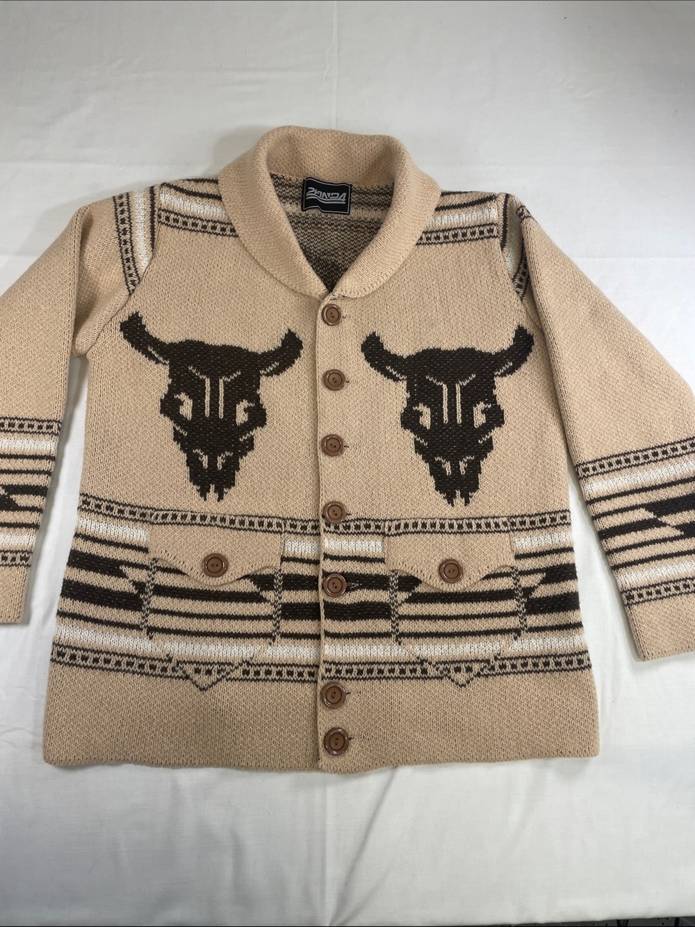 Western Shawl Collar Cardigan with Bull Skull Cowboy brown Large oversized